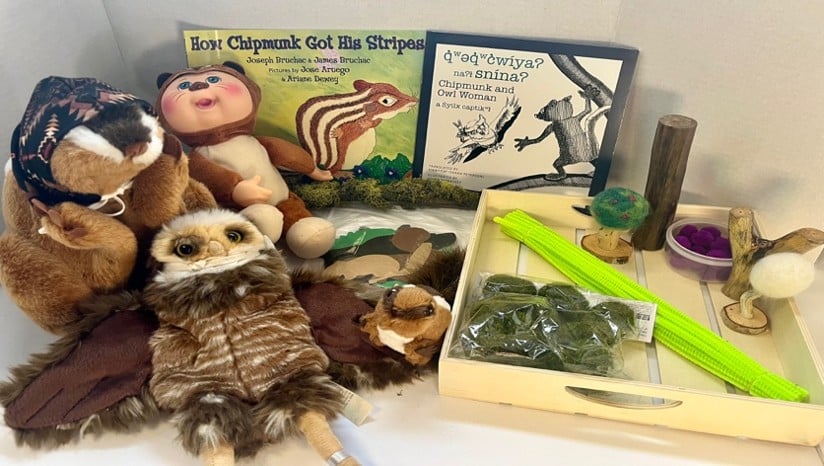Woodland-themed display with a plush owl and chipmunk, two children's books about chipmunks and owls, and a wooden tray of toy nature props.
