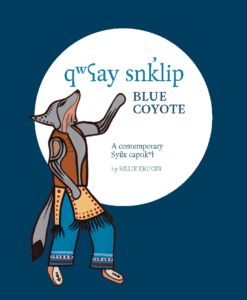 Book cover featuring a stylized coyote in Western clothes against a dark blue background; white circle contains the title 'Blue Coyote' and author Billie Kruger.