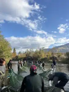 People wearing waders and life jackets stand in a shallow river, holding a long green fishing net across the water with mountains in the background.