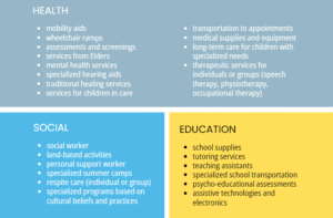 Infographic panel layout listing HEALTH, SOCIAL, and EDUCATION services with bullet points.