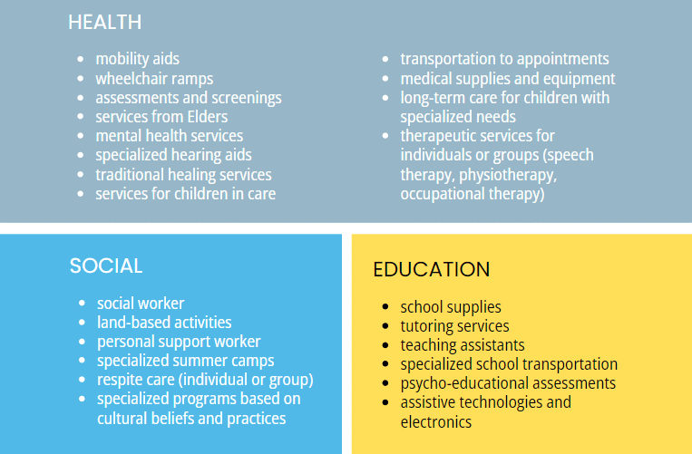 Infographic panel layout listing HEALTH, SOCIAL, and EDUCATION services with bullet points.