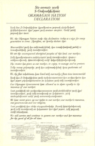 Page titled Okanagan Nation Declaration with paragraphs of text and multiple signatures at bottom.