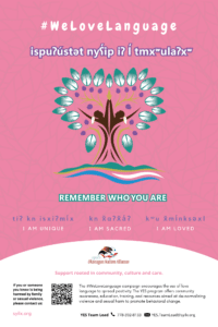 Pink campaign poster promoting language love with a stylized tree, hashtag ‘#WeLoveLanguage’, and ‘Remember who you are’ text; waves at bottom.
