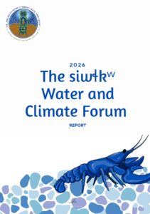 Cover page for the 2026 Water and Climate Forum report, with a circular logo in the top-left, blue title text, and a blue crustacean graphic at the bottom right.