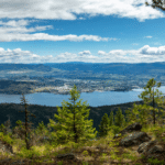 Panoramic forest overlook with a blue lake, a town along the shore, and distant mountains under a partly cloudy sky.